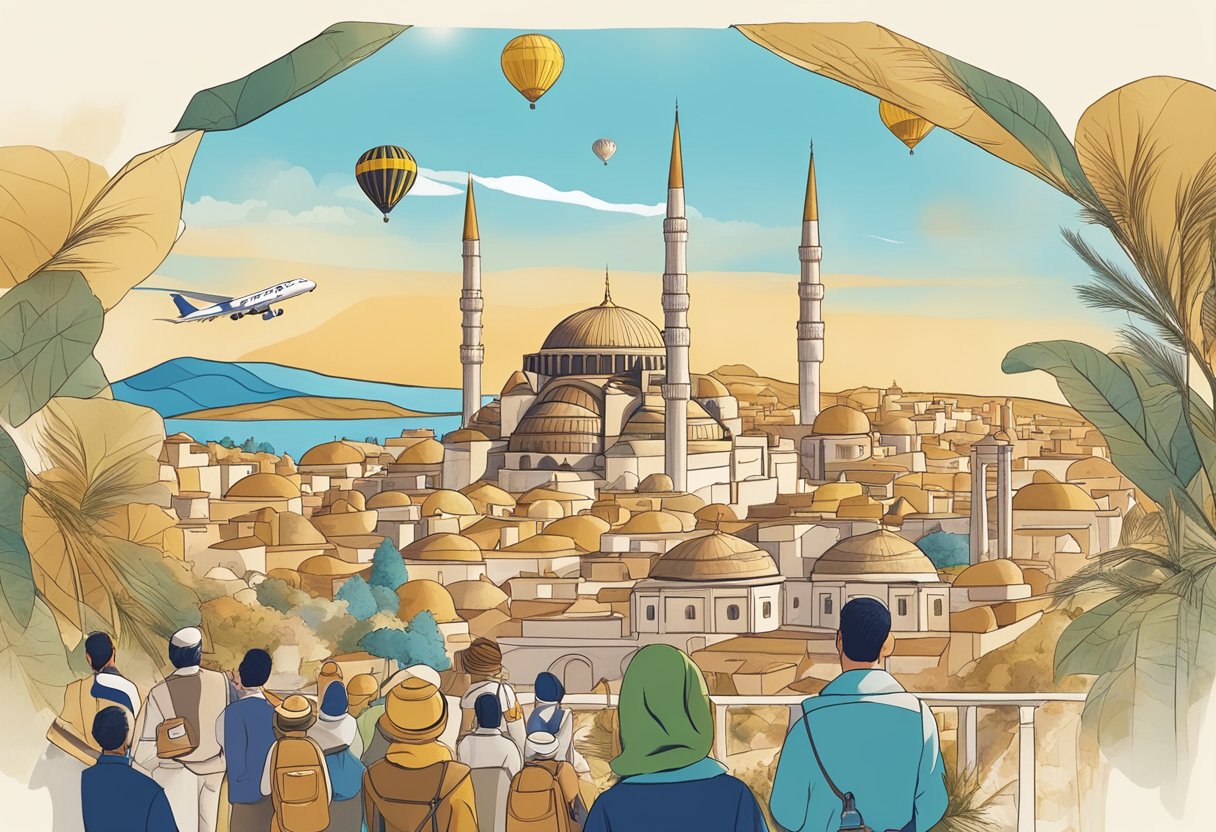 A scenic view of Turkey's iconic landmarks, with a prominent display of the Golden Visa program logo and a diverse array of potential investors exploring the possibilities