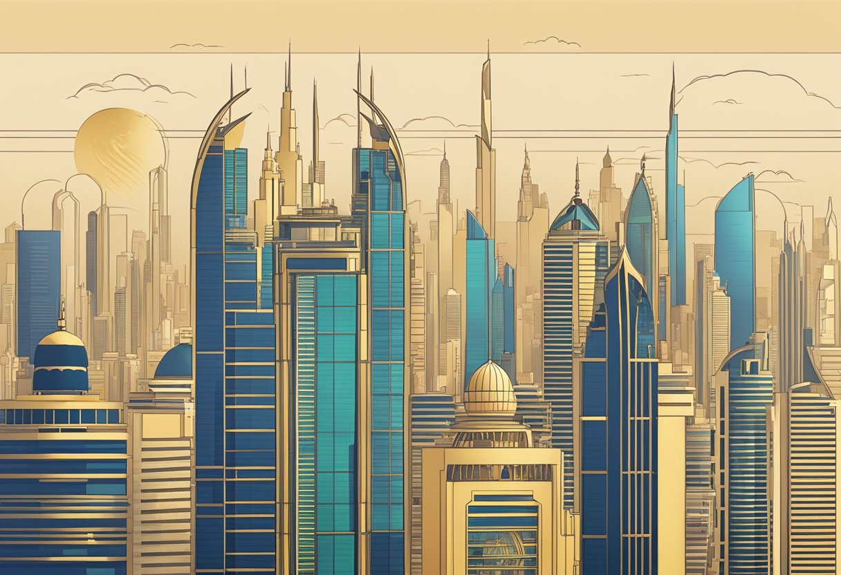 A luxurious skyline of Dubai with a prominent UAE Golden Visa logo displayed on a modern building