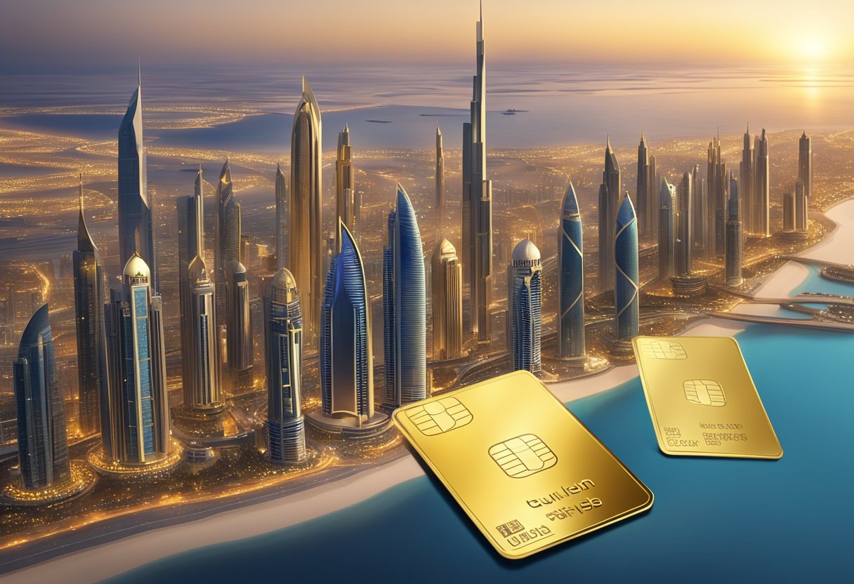 A luxurious skyline of Dubai with a golden visa card shining in the foreground, symbolizing the benefits and privileges of the United Arab Emirates