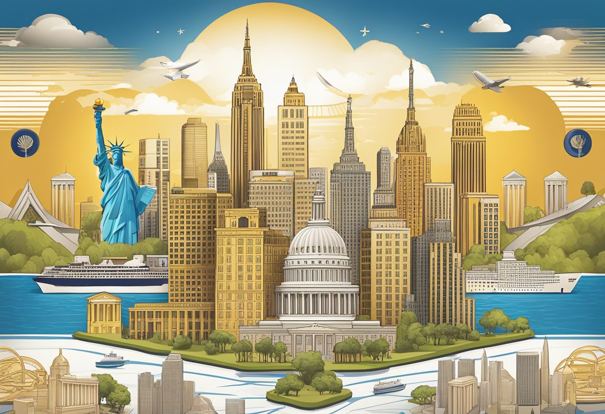 A golden visa brochure with iconic American landmarks in the background, surrounded by symbols of business and investment
