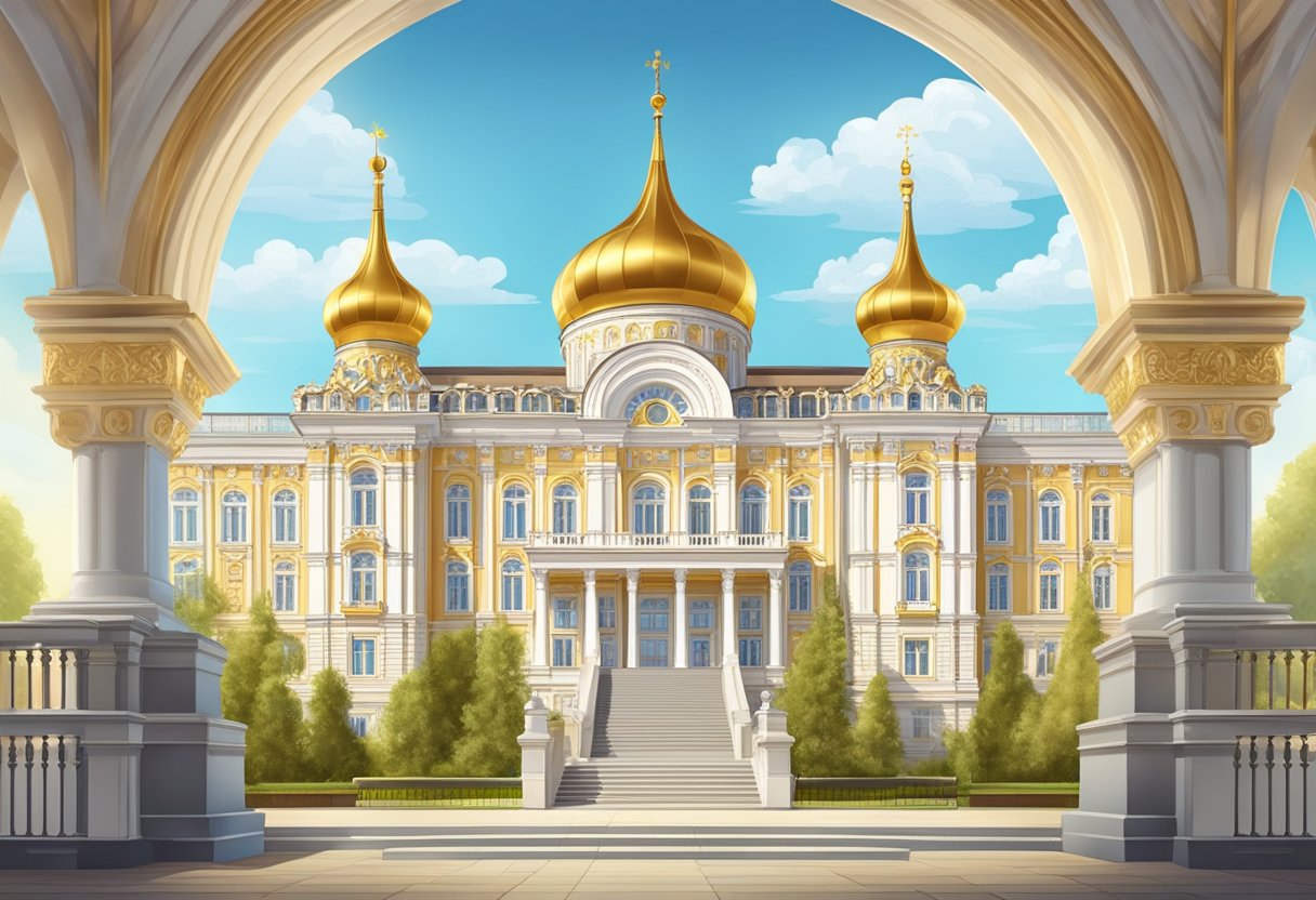 A grand Russian palace with a visa stamp on a golden passport