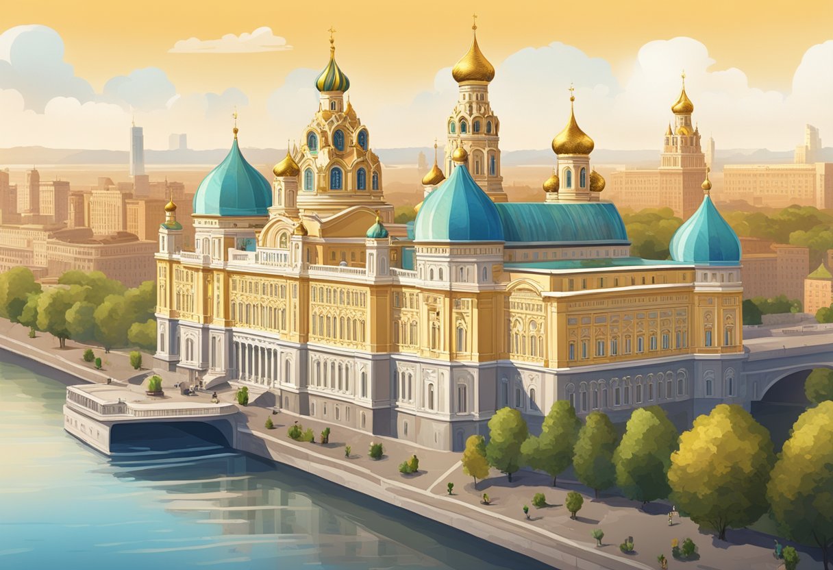 A grand Russian palace overlooks a bustling cityscape, with skyscrapers and a river in the background. A golden visa symbol is prominent in the foreground