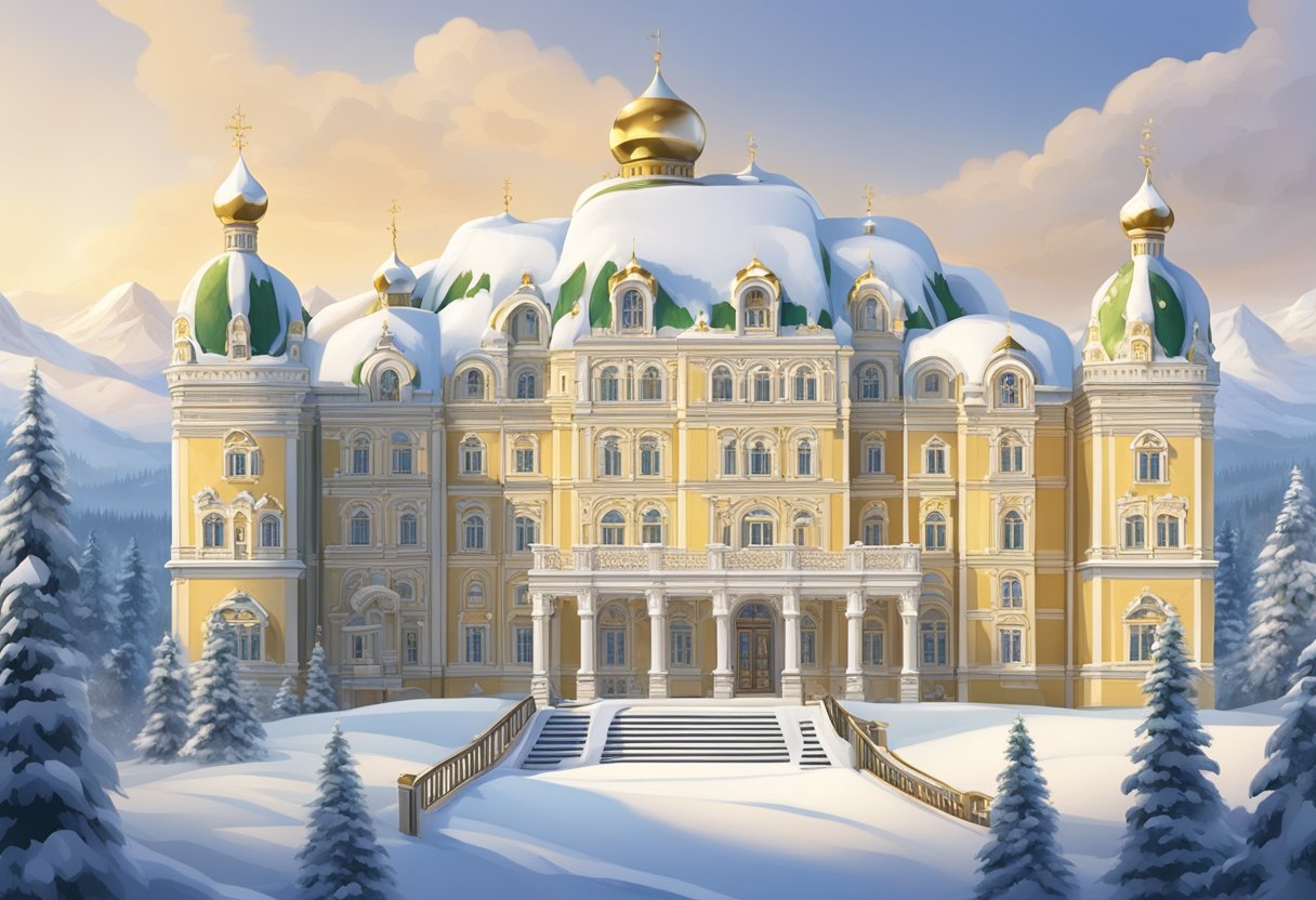 A grand Russian palace with ornate golden gates, surrounded by snow-capped mountains and lush forests