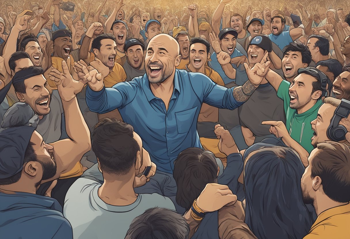 Joe Rogan passionately discussing soccer, gesturing with excitement, surrounded by a crowd of enthusiastic fans