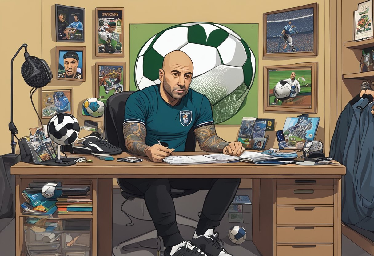 Joe Rogan sits at a desk, surrounded by soccer memorabilia. A microphone is in front of him as he speaks, with a soccer ball on the desk