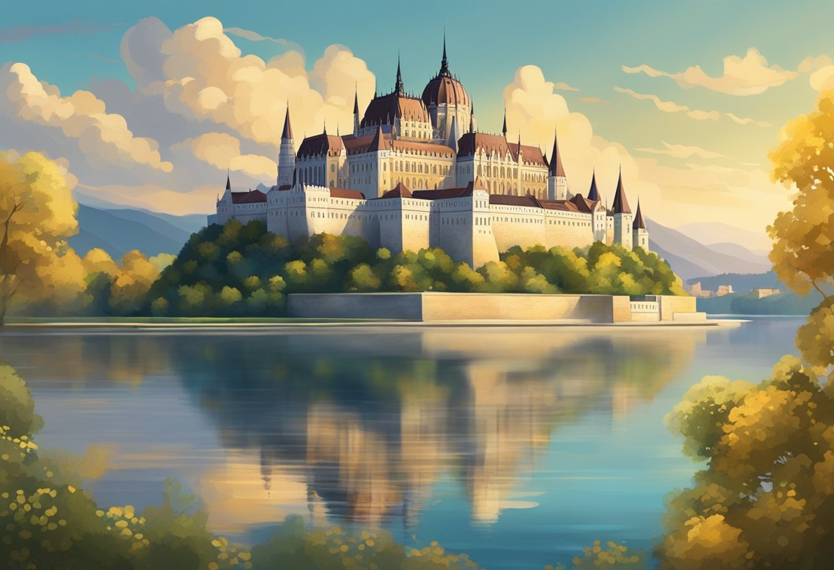 A majestic Hungarian castle overlooks a shimmering river, as a golden visa symbol hovers in the sky