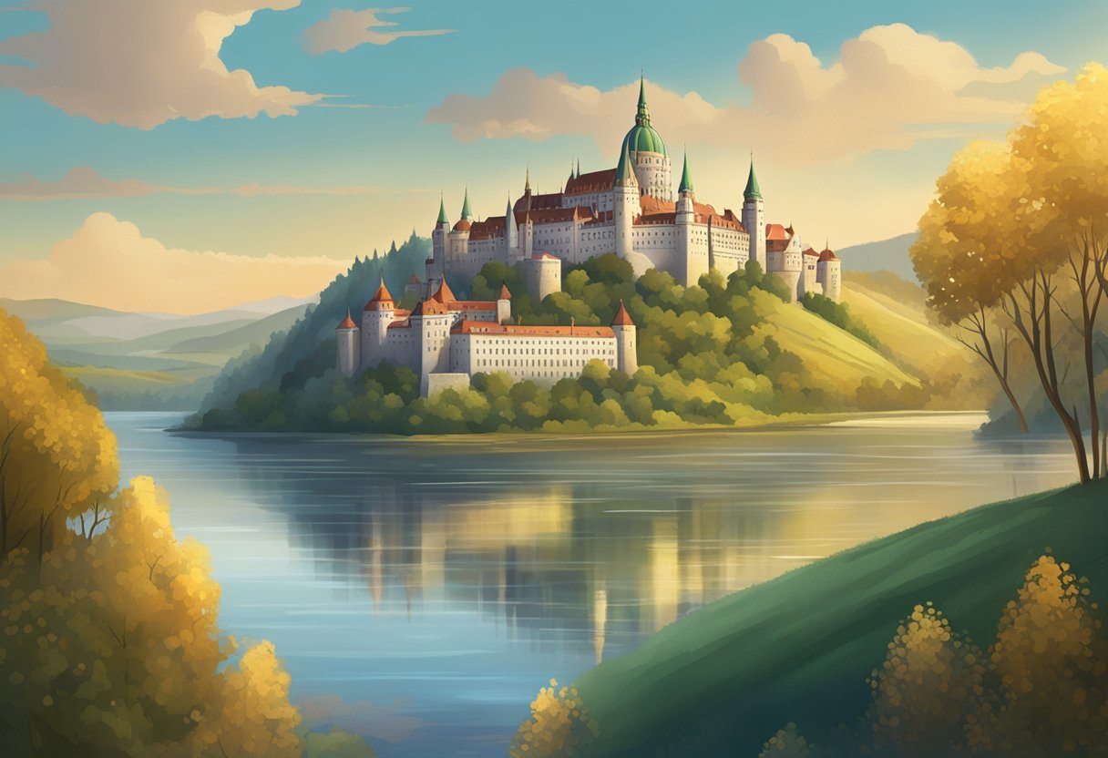 A luxurious Hungarian castle stands tall against a backdrop of rolling hills and a shimmering river, while a golden visa plaque gleams in the foreground