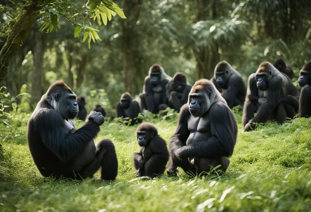 Gorillas gather in a peaceful clearing, grooming each other and playing with their young. The dominant silverback watches over the group, exuding strength and wisdom