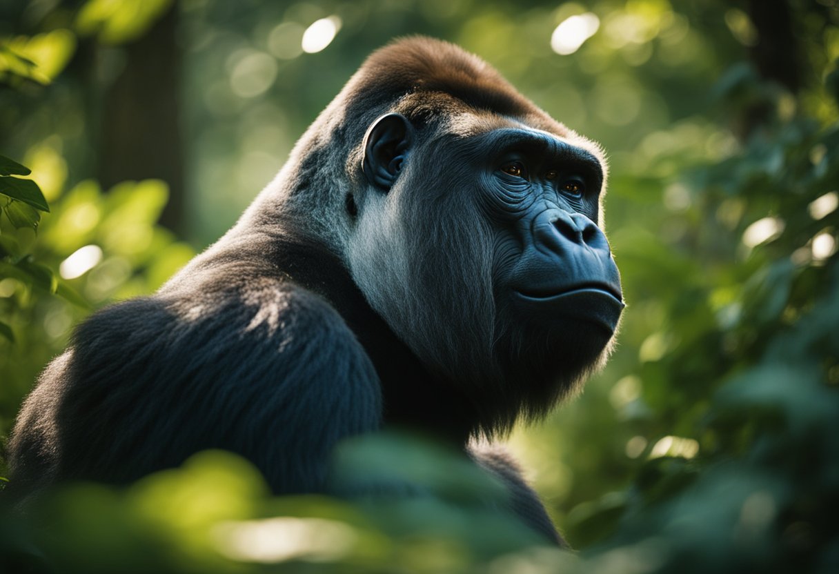A majestic gorilla sits in a peaceful forest clearing, surrounded by lush greenery and gentle sunlight. Its wise eyes exude a sense of ancient wisdom and spiritual significance