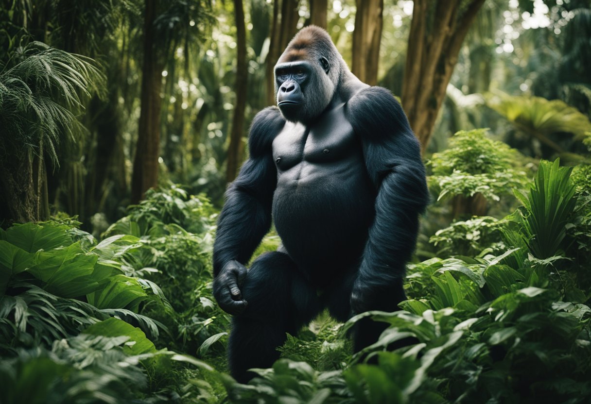 A powerful gorilla stands tall, surrounded by lush greenery. Its presence exudes strength and wisdom, embodying the spiritual meaning of the gorilla as a totem animal
