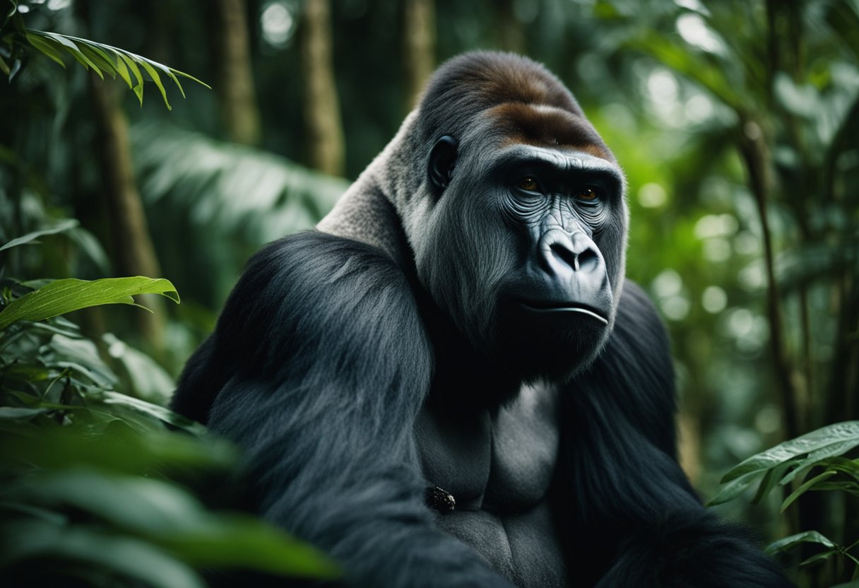 A gorilla sits in a lush jungle, surrounded by symbols of strength and wisdom. Its eyes convey a sense of deep spirituality, while its posture exudes a quiet confidence