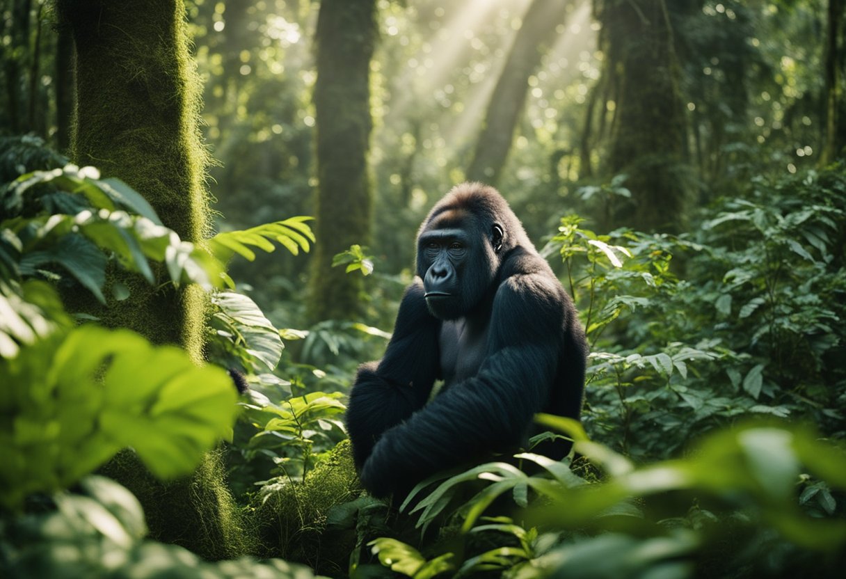 Gorillas and humans share a serene moment in a lush forest, surrounded by vibrant flora and fauna. The gorillas exude a sense of wisdom and connection to the natural world, reflecting their spiritual significance
