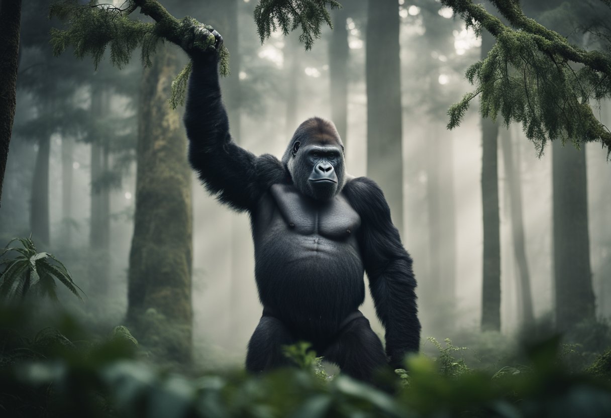 A massive gorilla stands tall in a misty forest, its eyes piercing and wise, surrounded by a sense of ancient power and spiritual significance