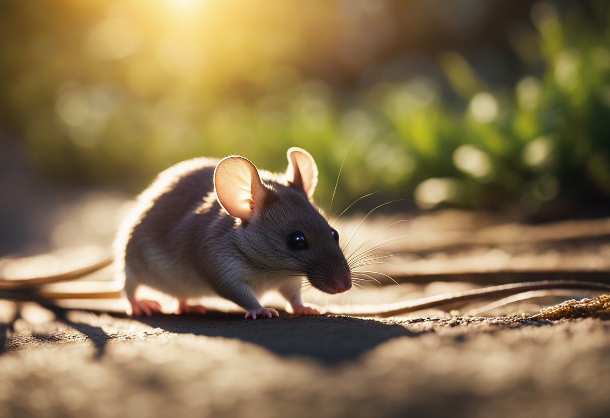 A small mouse scurries across a sunlit path, surrounded by symbols of nature and spirituality. Its presence carries a sense of guidance and connection to the spiritual world