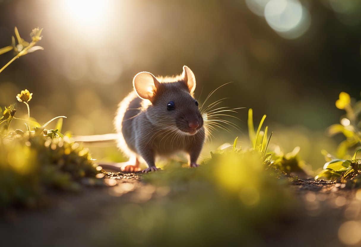 A mouse scurries across a sunlit path, its tiny form highlighted by the golden glow. The surrounding nature seems to pause, as if acknowledging the significance of this small creature's presence