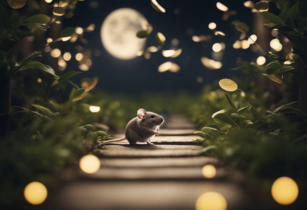A mouse scurries across a moonlit path, surrounded by symbols of luck and fortune