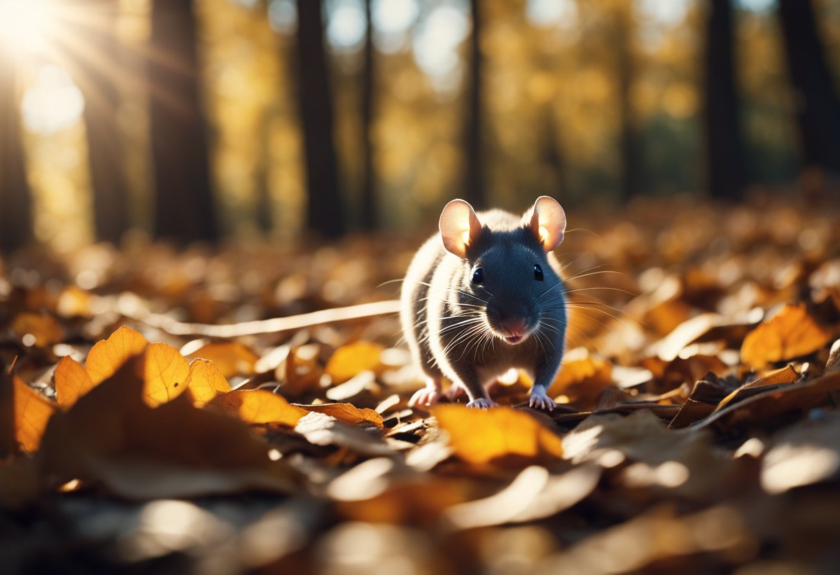 A mouse scurries across a woodland path, surrounded by fallen leaves and dappled sunlight