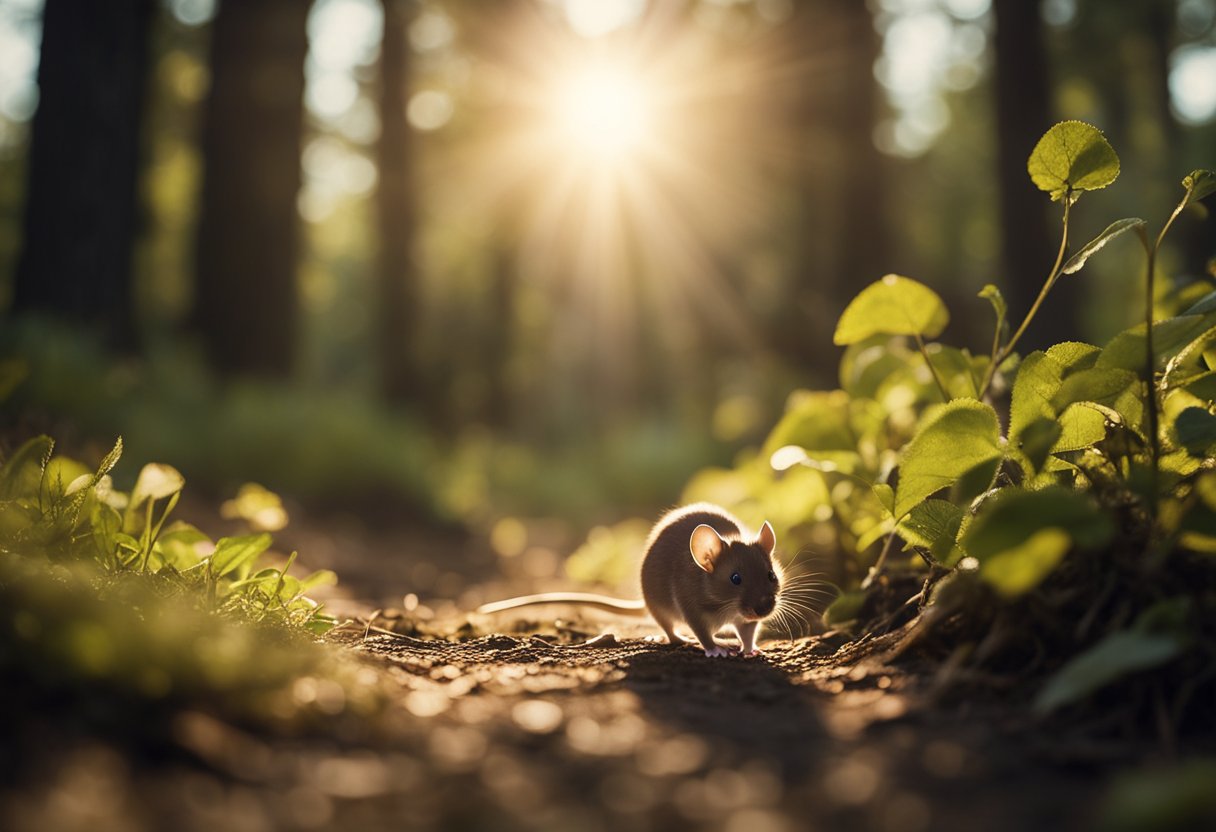 A mouse scurries across a forest path, bathed in soft sunlight, as a beam of light shines down from the sky, illuminating its journey
