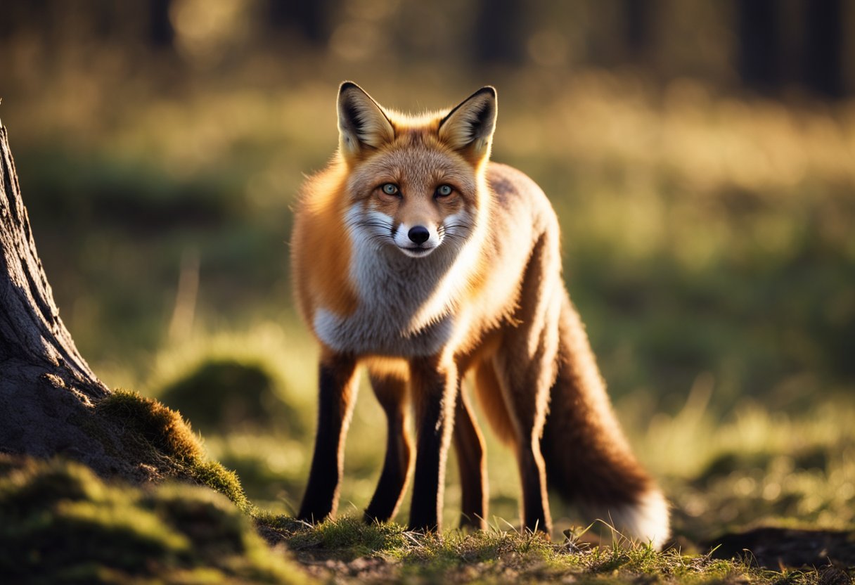 A red fox stands alert in a forest clearing, its fiery fur glowing in the sunlight. It gazes intently, exuding a sense of wisdom and mystery