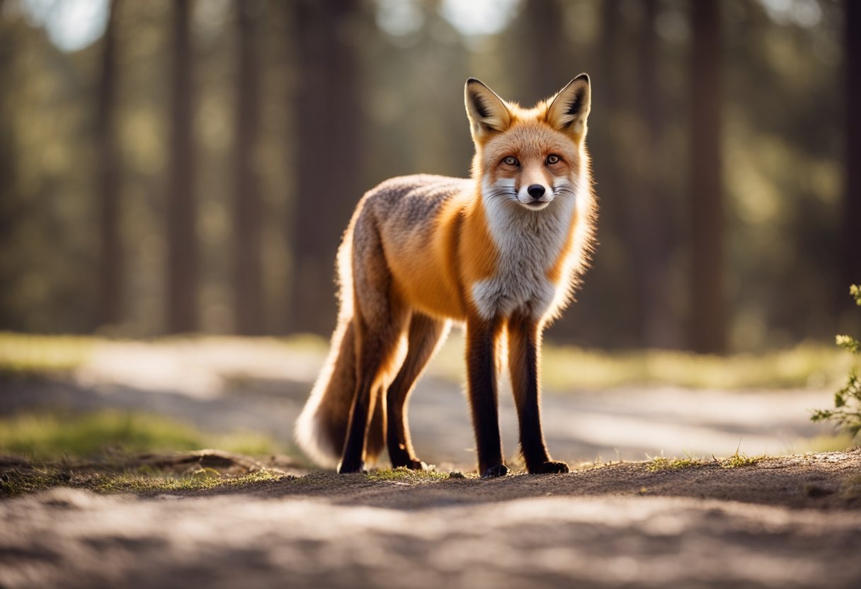 A red fox stands proudly, its fiery fur glowing in the sunlight. It gazes ahead with intelligence and cunning, embodying the totem and spirit animal of the red fox