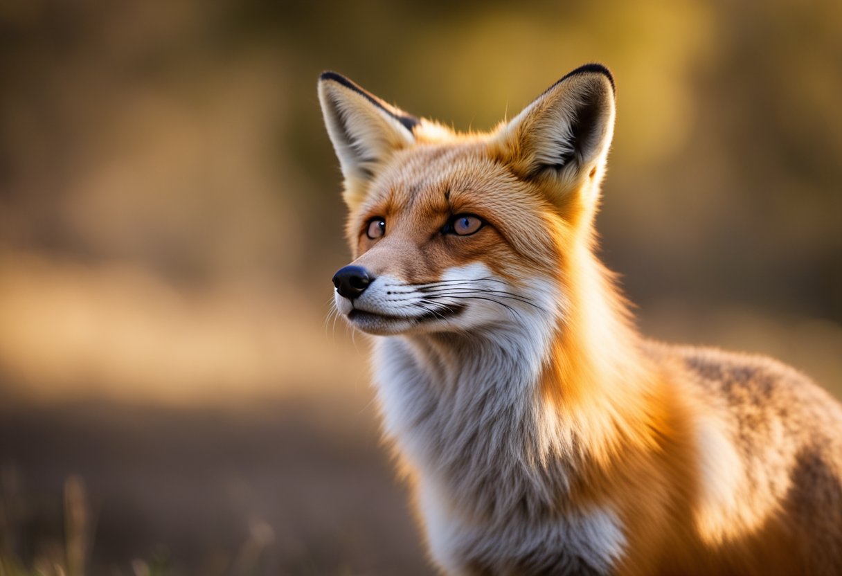 A red fox stands alert, its ears perked and eyes focused. Its sleek fur glows in the sunlight, exuding confidence and intelligence