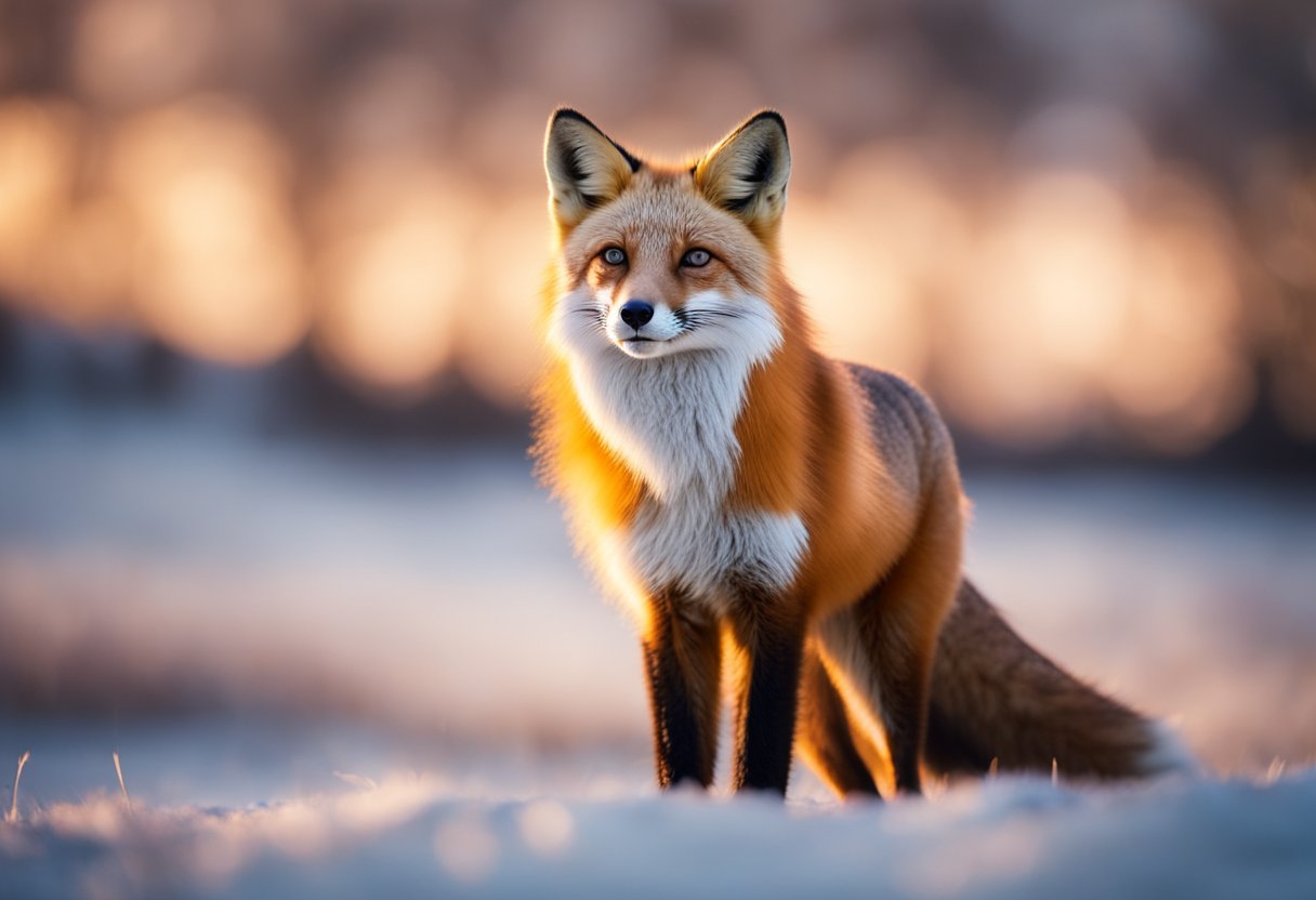 A red fox stands on a hill, surrounded by ethereal light and floating feathers. Its eyes are closed, as if in deep meditation or dreaming