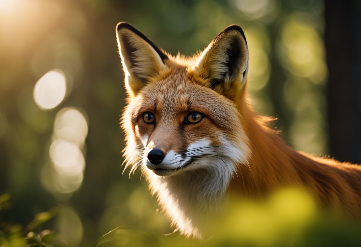 A red fox stands tall in a lush forest, its fiery coat glowing in the sunlight. It gazes ahead with wise, amber eyes, embodying strength and resilience in the face of adversity