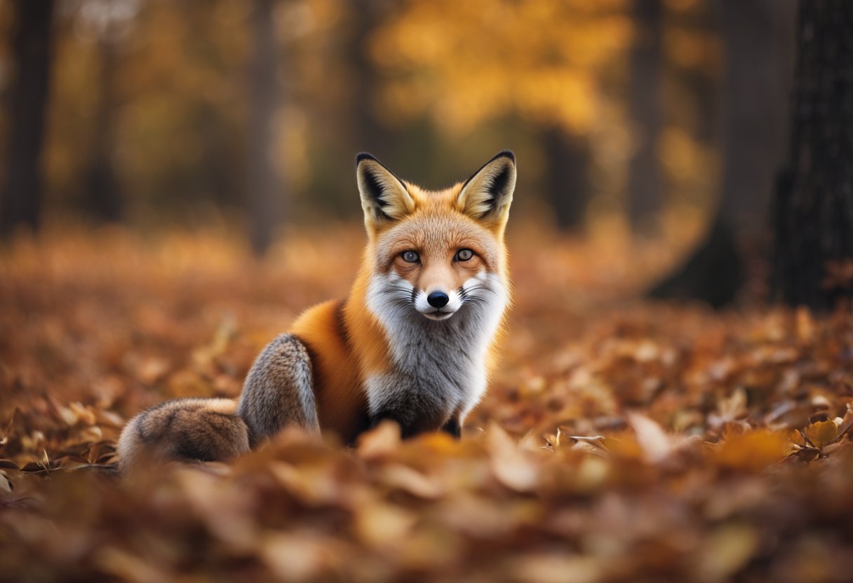 A red fox sits in a serene forest, surrounded by vibrant autumn leaves. Its eyes are focused and wise, conveying a sense of spiritual knowledge and guidance