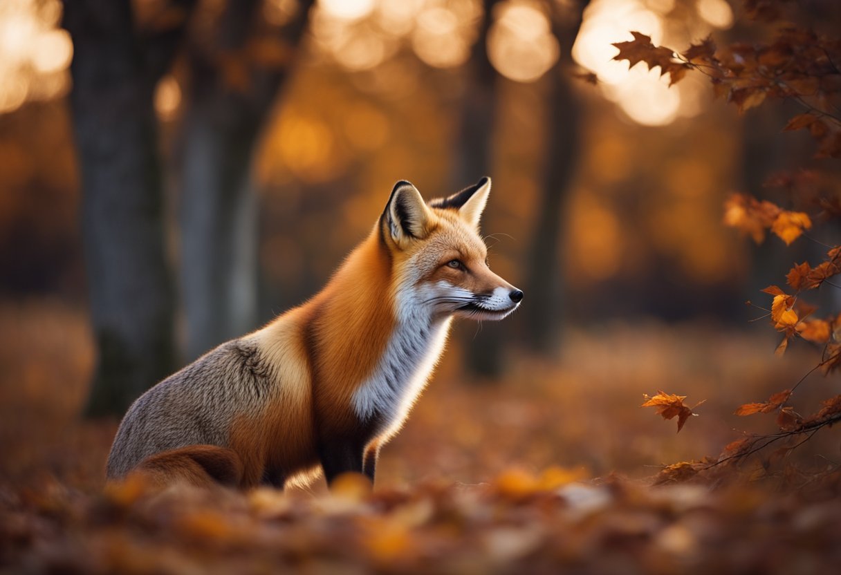 A red fox stands amidst autumn leaves, gazing at the moon and surrounded by symbols of nature and spirituality
