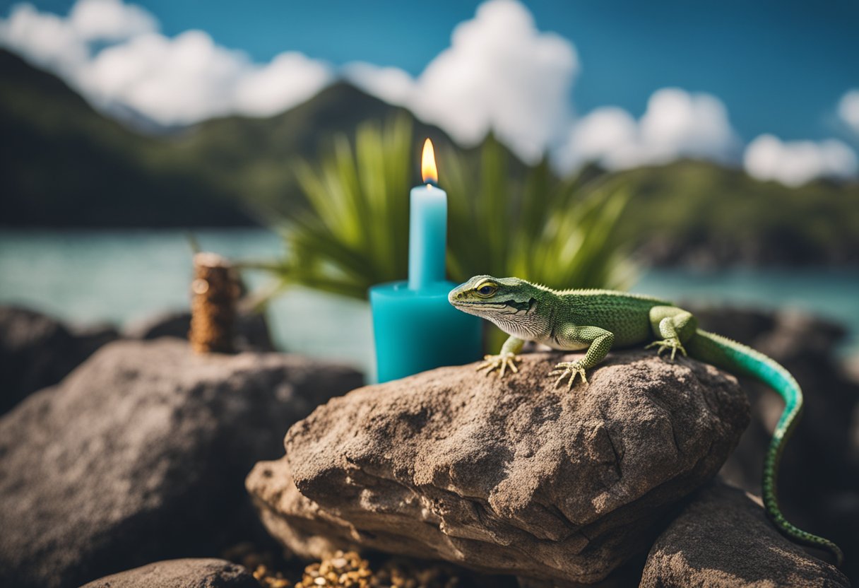 A lizard perched on a rock, surrounded by symbols of spirituality like incense, candles, and feathers