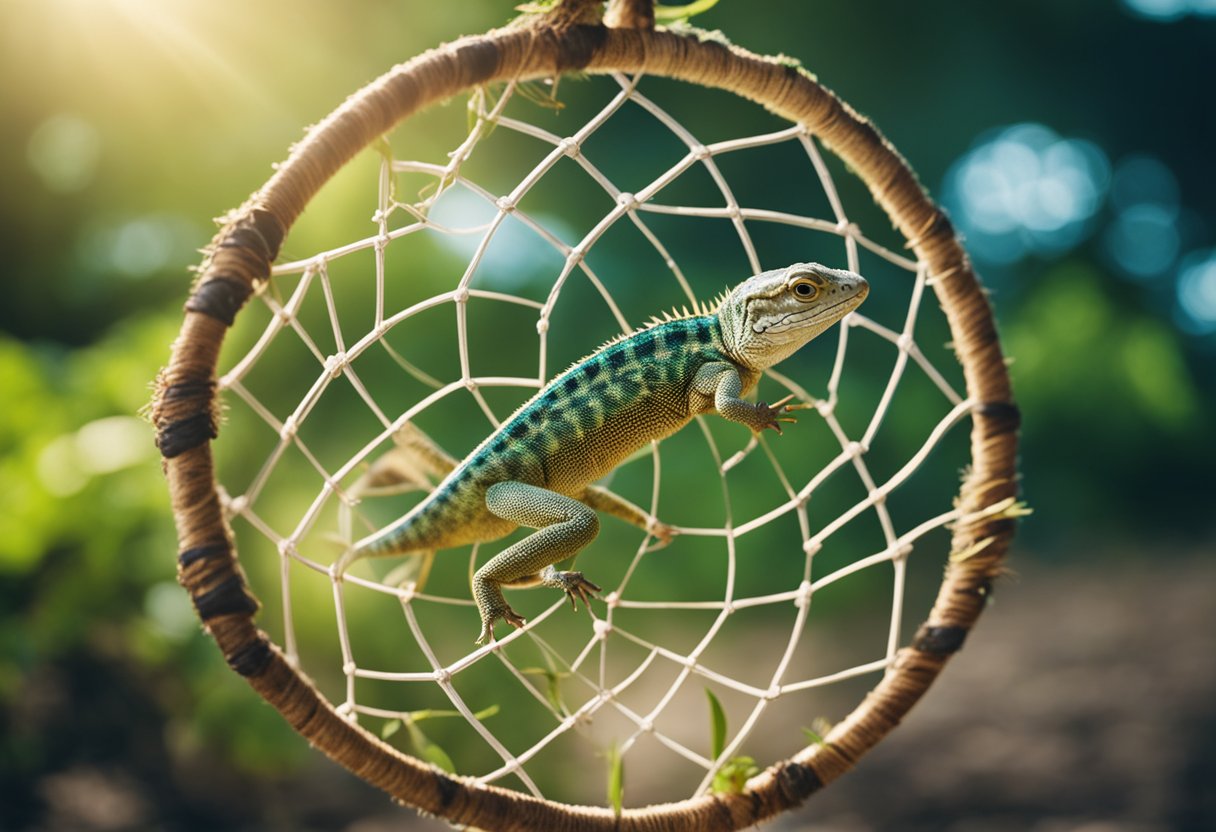 A lizard crawls across a dreamcatcher, symbolizing spiritual connection and the integration of dream interpretations into daily life