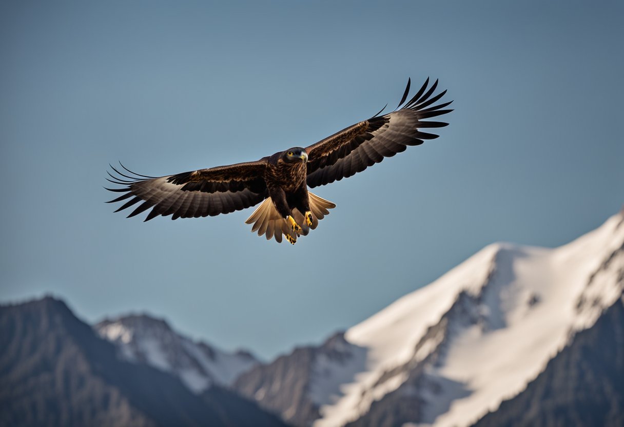 A majestic golden eagle soars high above a mountain peak, symbolizing strength, freedom, and spiritual significance in Native American culture