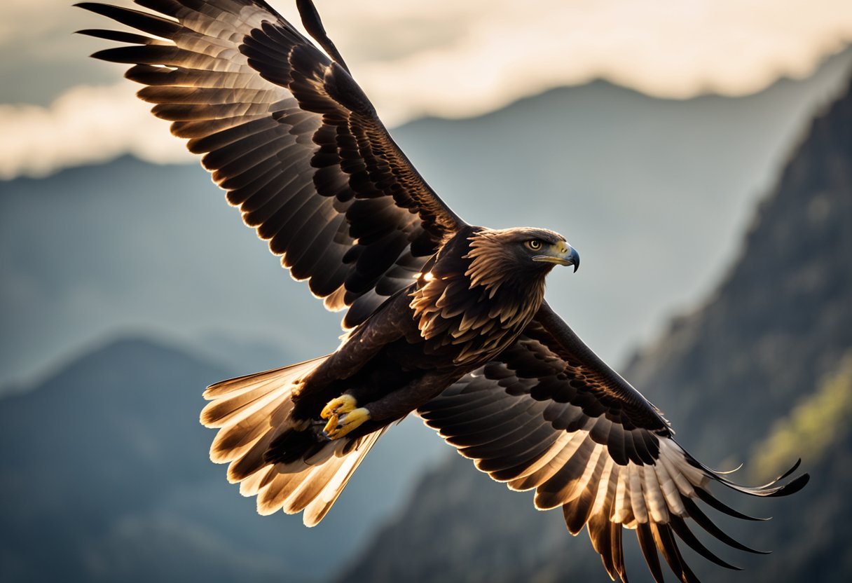 A majestic golden eagle soars high above a mountain peak, its wings outstretched and glinting in the sunlight, symbolizing strength and spiritual power