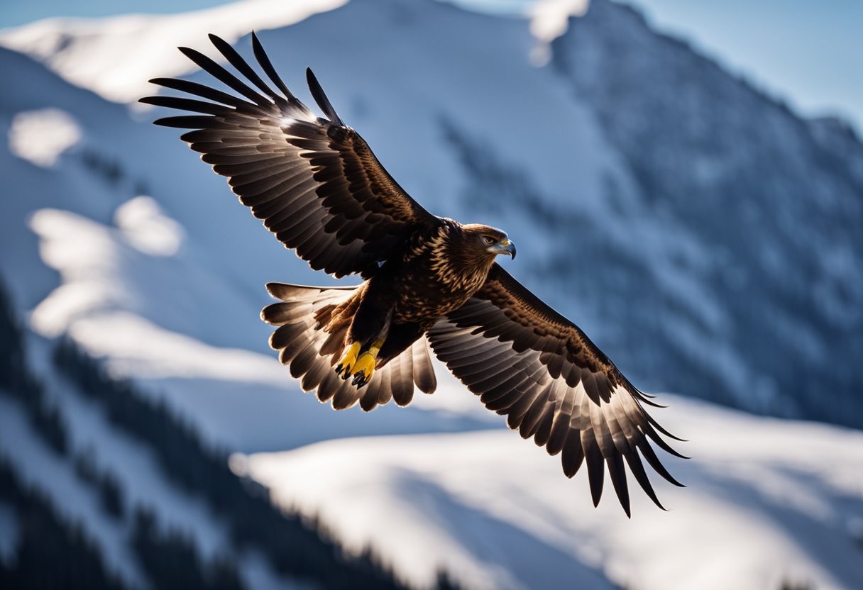 A golden eagle soars majestically above snow-capped mountains, its wings outstretched and eyes focused. The sun glistens off its feathers, symbolizing strength, courage, and spiritual connection