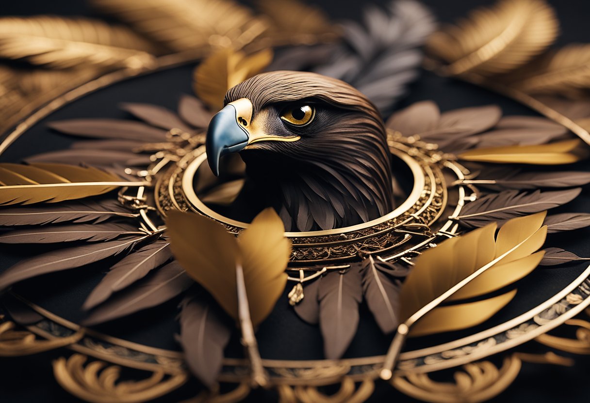 A golden eagle's feathers are arranged in a sacred circle, surrounded by burning sage and tobacco. The feathers are used in spiritual rituals and ceremonies, symbolizing strength, courage, and connection to the divine