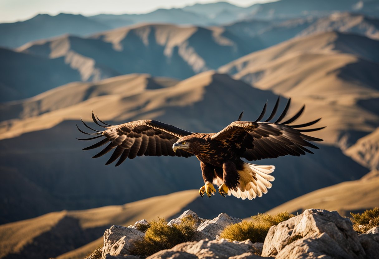 The golden eagle soars majestically above a rugged mountain landscape, its wings outstretched and its keen eyes scanning the earth below. The sun glints off its feathers, casting a golden glow as it embodies the spiritual power and freedom revered by