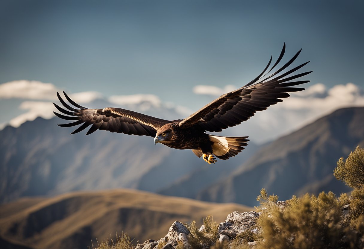 A golden eagle soars high above a mountain range, its wings outstretched and eyes focused ahead, symbolizing personal growth and self-reflection