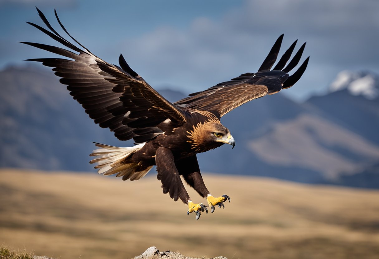 A majestic golden eagle soars gracefully through a pristine mountain landscape, symbolizing the spiritual connection and reverence for nature