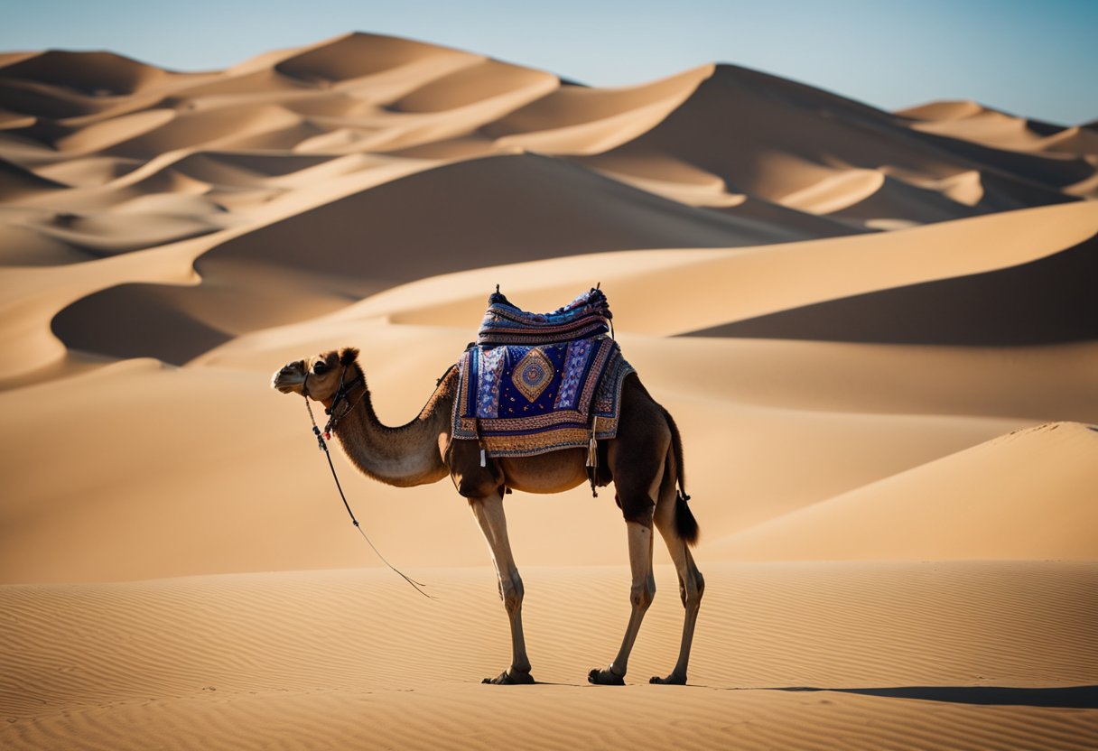 A camel standing tall in a desert, surrounded by symbols of various cultures, representing spiritual significance