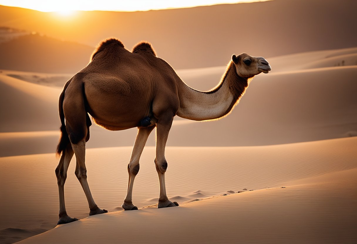 A camel stands tall in the desert, its gentle eyes gazing into the distance. The setting sun casts a warm glow on its hump, symbolizing resilience and patience