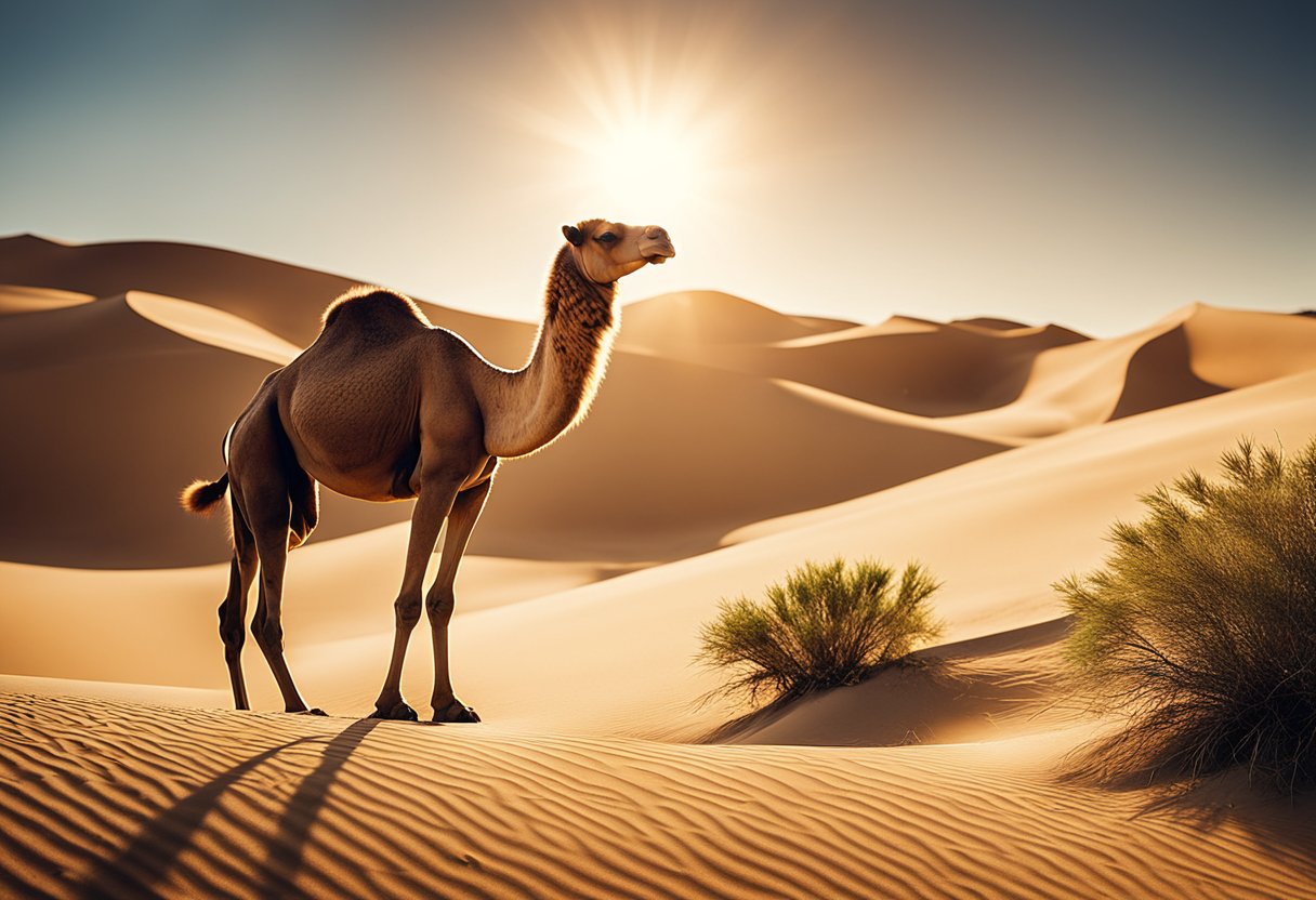 A camel standing tall amidst desert dunes, with a radiant sun in the background, symbolizing personal growth and spiritual strength