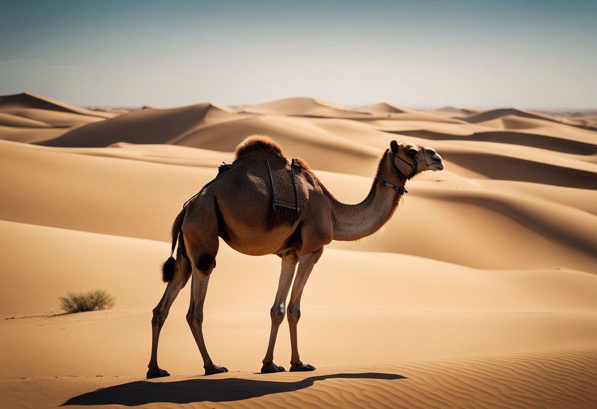 A camel stands tall in a desert, its hump symbolizing resilience and endurance. Surrounding it are various objects representing daily life and spiritual significance