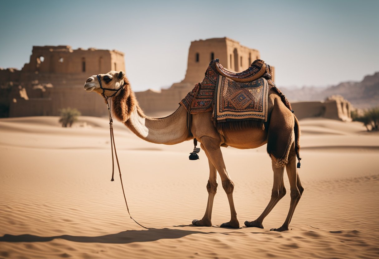 A majestic camel stands tall in a desert oasis, surrounded by ancient ruins and mystical symbols, representing resilience and spiritual guidance