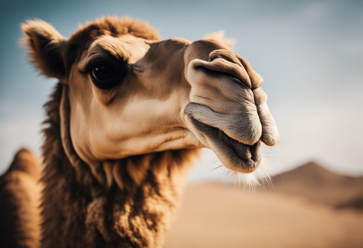 A camel stands tall in the desert, its hump symbolizing resilience and endurance, while its wise eyes convey spiritual wisdom