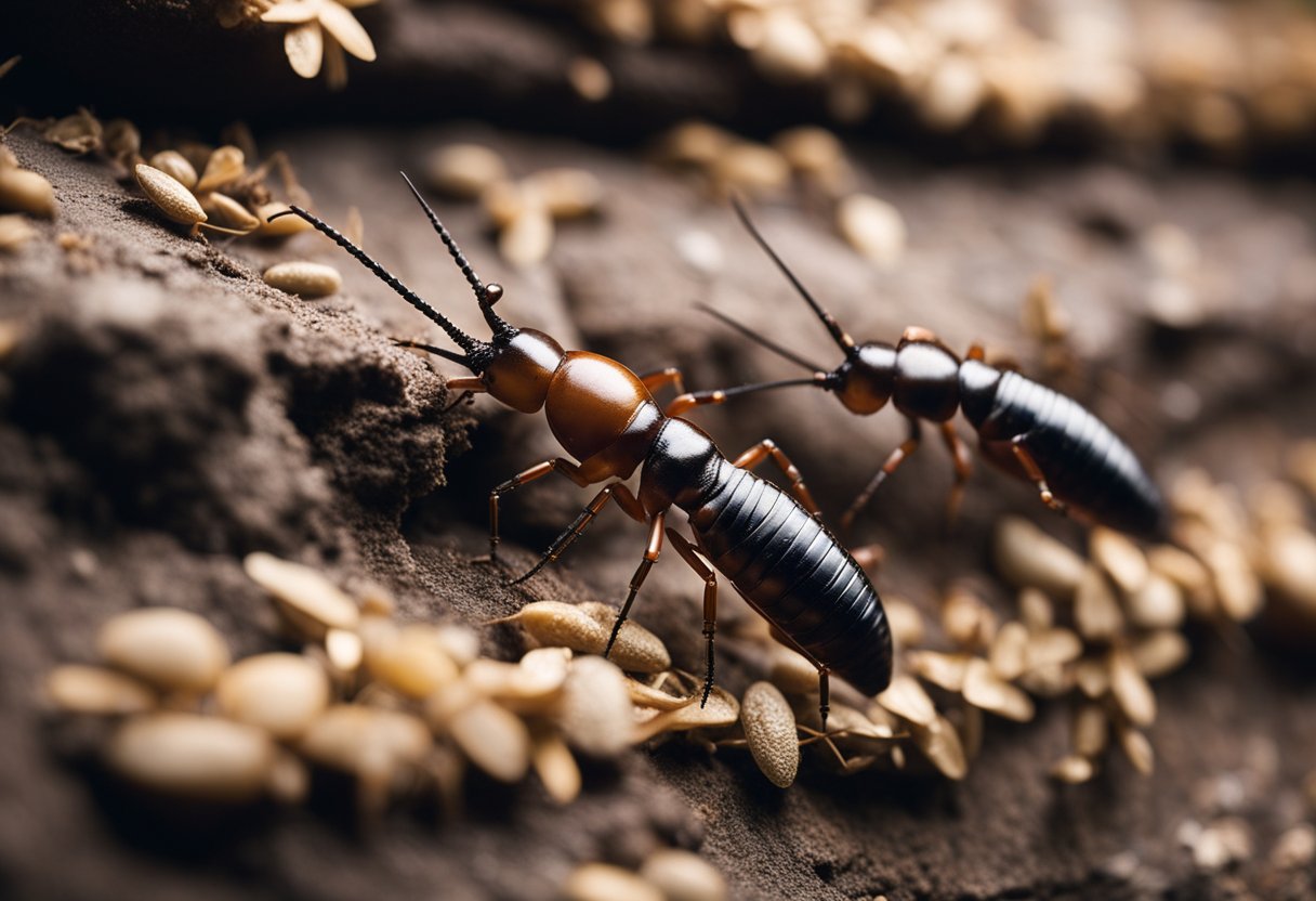 A group of earwigs crawling out of a dark, damp crevice, surrounded by symbols from different cultures