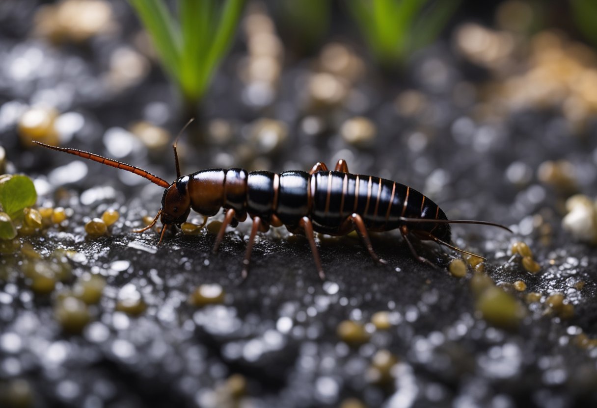 An earwig emerges from a dark, damp crevice, its sleek body glistening in the dim light. It scuttles purposefully across the ground, antennae twitching as it navigates its surroundings
