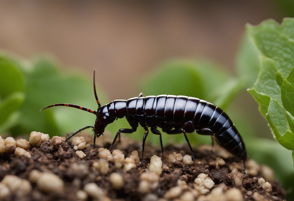 An earwig crawls through a garden, its pincers raised, symbolizing resilience and protection in the face of adversity