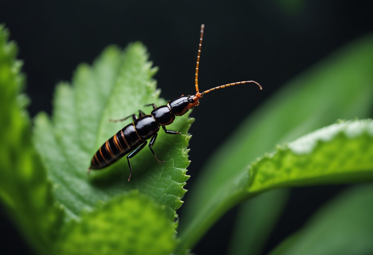 A small earwig emerges from the darkness, climbing up a vibrant green plant. It pauses, seemingly contemplating its next move, embodying the essence of personal and spiritual growth