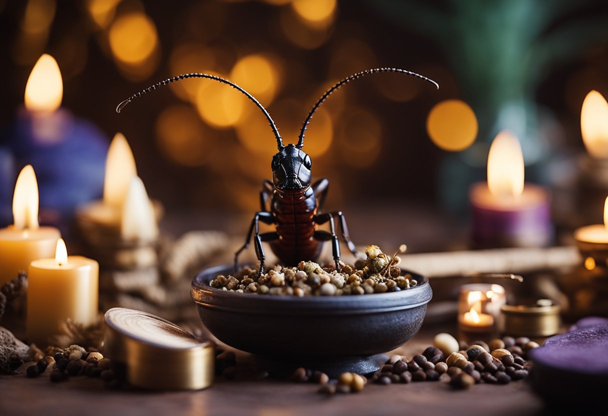 An earwig perched on a sacred object, surrounded by incense and candles, symbolizing its role in spiritual practices