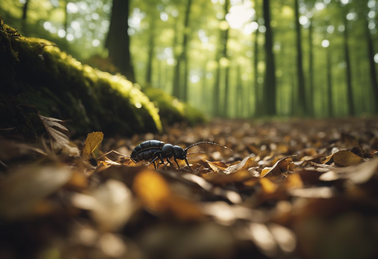 A lush forest floor with earwigs crawling among fallen leaves and twigs, surrounded by the sounds of nature and the gentle rustling of the wind